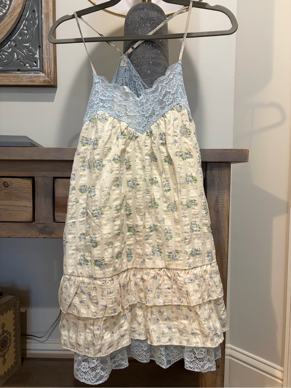 iris Cream Floral Sundress with Light Blue Lace Bodice